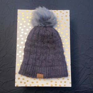 ViGrace- Dark Brow/Blue/Gray Knitted with Silver/Gray Ball beanie hat